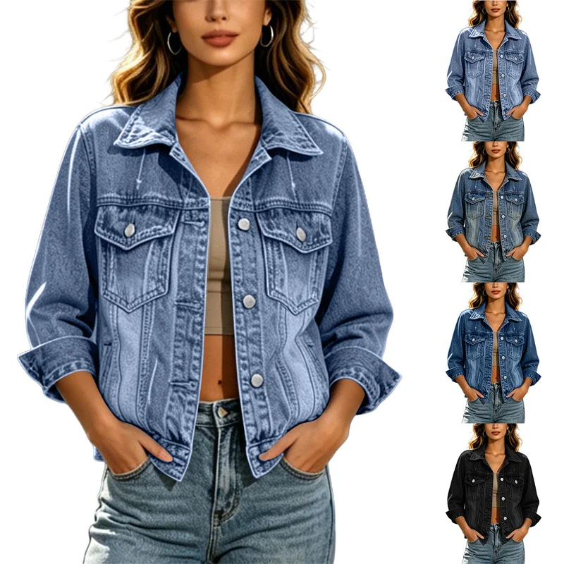 Denim Pockets Jackets for 2026 Autumn Winter Solid Color Long Sleeve Lady Jeans Cardigan Tops Female Outerwear Clothes KE1011