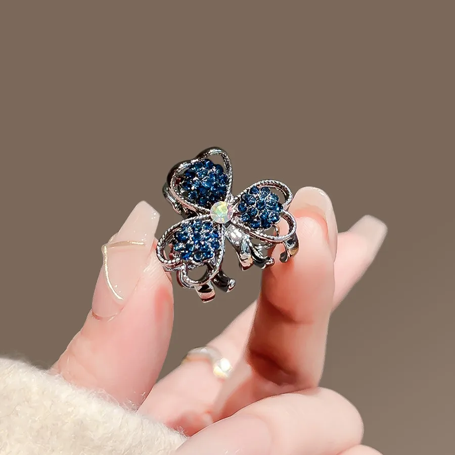 Exquisite Blue Rhinestone Love Flower Small Hair Claw New Sweet Cute Princess Head Top Clip Forehead Bangs Side Clip Hair Slide