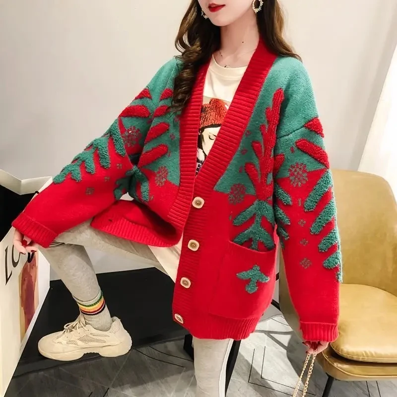 2024 Female Fashion Cardigan Women Thickened Korean Style Lazy Style Autumn And Winter Sweater Jacket Christmas Sweater  Knit To