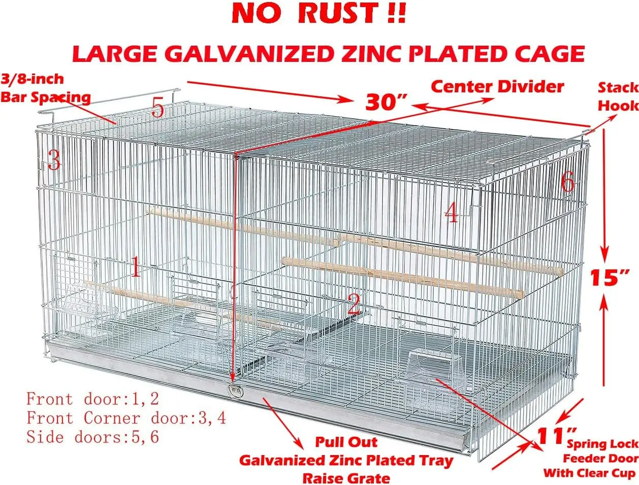 Large No Rust Galvanized Zinc Stackable Breeder Bird Flight Cage Side Breeding Nest Door with Removable Divider 30