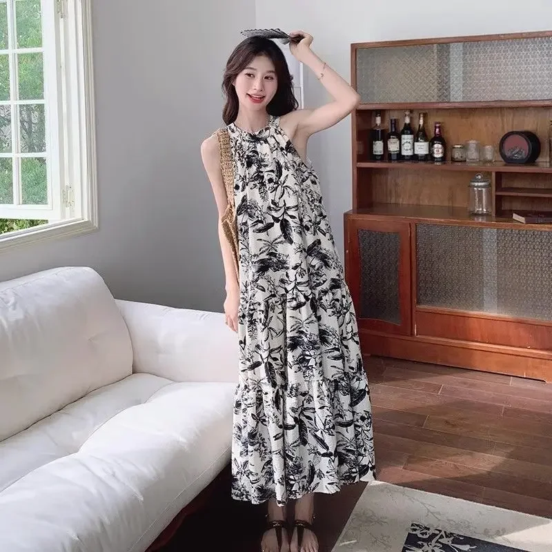 Sommer Kleid Französisch Stil Halfter Ärmellose Blumen Gedruckt Strand Kleider Frauen Casual Lose Taille Mode Vestidos