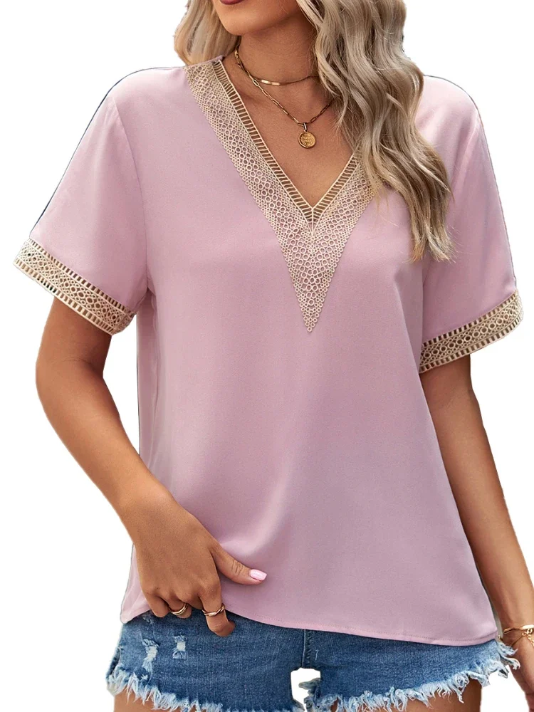 Women's Short Sleeve Chiffon T Shirt, V Neck Tops, Monochromatic