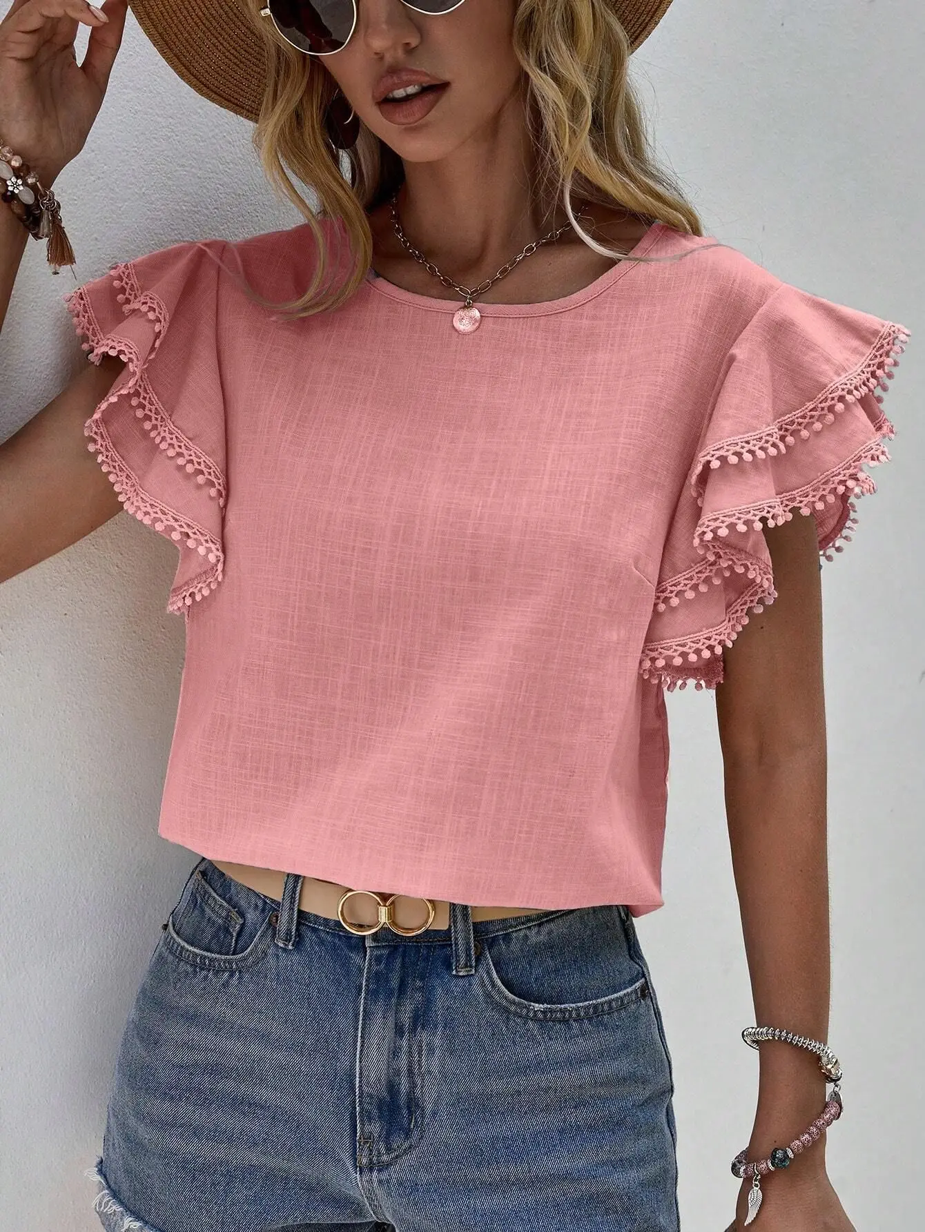 

2024 Women's O-neck Summer Shirt Solid Color Loose Lotus Leaf Bat Short Sleeved Shirt Top for Ladies