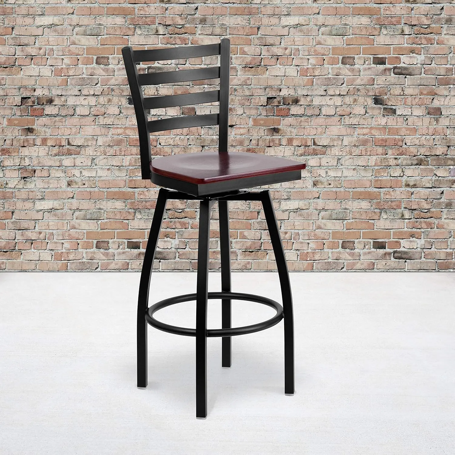 2 Pack HERCULES Series Black Ladder Back Swivel Metal Barstool - Mahogany Wood Seat