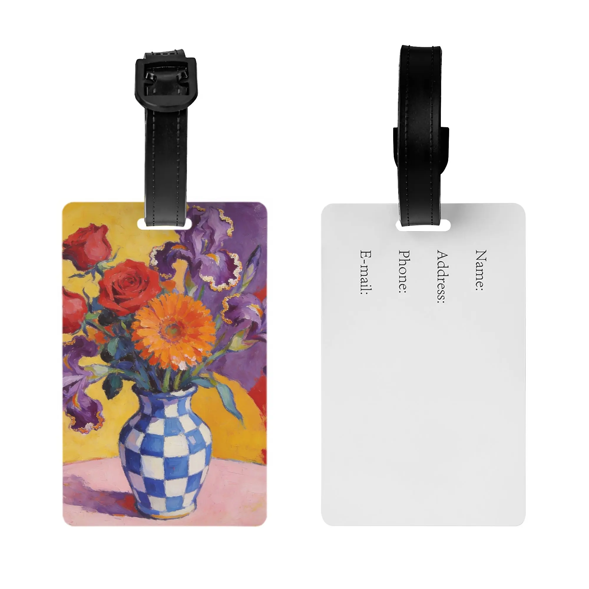 Still Life Flower Oil Painting Luggage Tag Checkerboard Vase Rose Iris Floral Art Print Suitcase Baggage Name ID Tag Travel