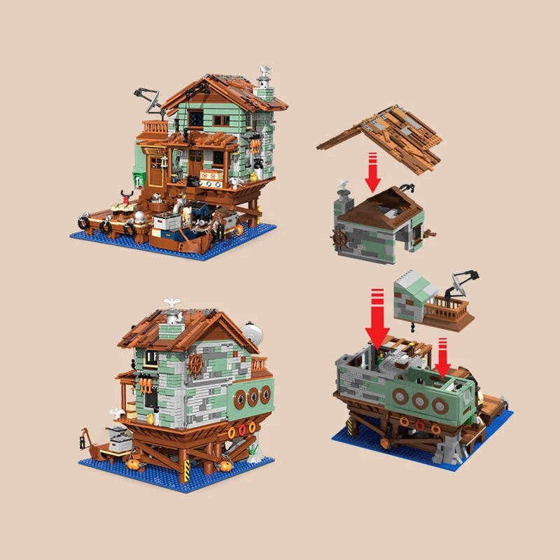 2100PCS Fisherman\'s Wharf Building Block Tree House Model Seaside Street View Boat Transportation Toys Children Christmas Gifts