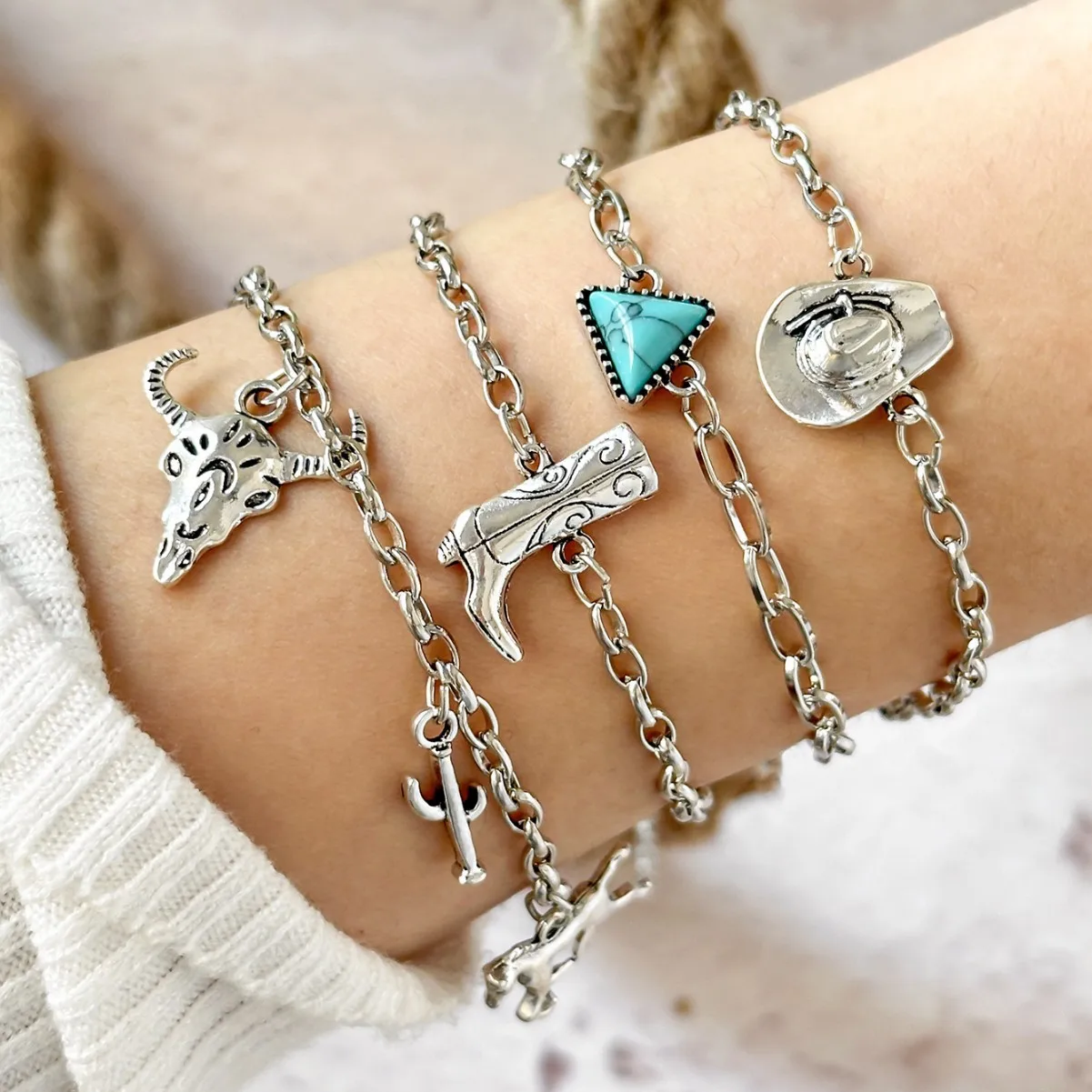 Conjunto de pulseras con colgante de botas Tauren para mujer, sombrero estilo vaquero occidental Vintage, conjunto de pulseras turquesas, regalos de joyería Paty
