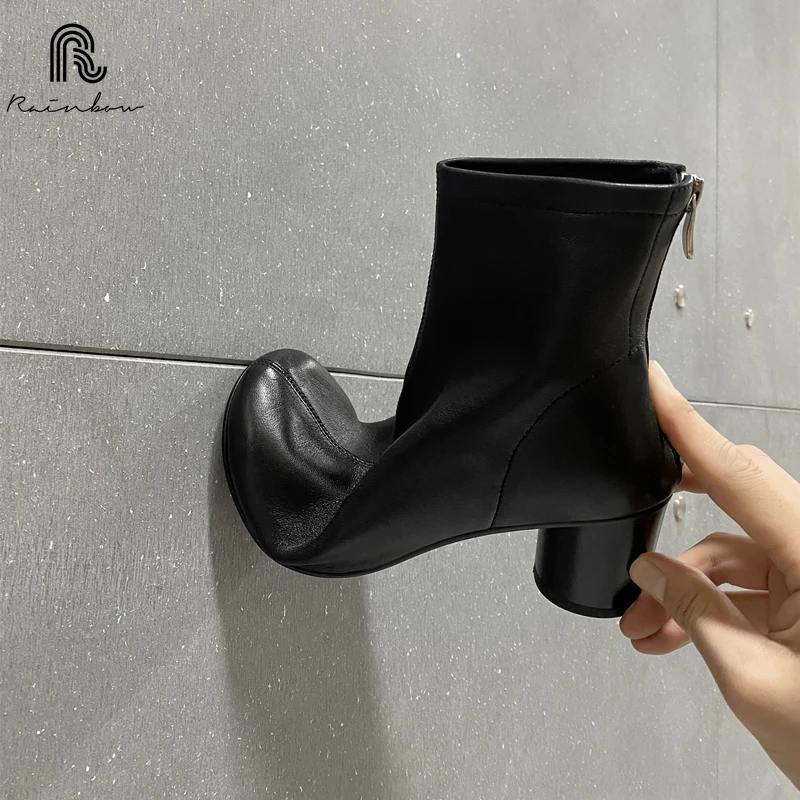 RAINBOW-Bottes de rinçage en cuir véritable pour femmes, talons hauts, noir, marron, rond, grande tête, dames, fête, chaud, automne, hiver, nouveau, 34-40