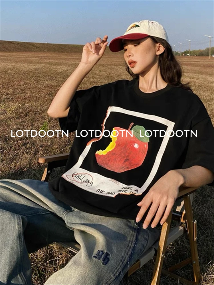 LOTDOOTN Summer New 100% Cotton Apple Graphic T-shirts American Fashion Y2K Women Loose Retro Fresh Harajuku High Street Clothes