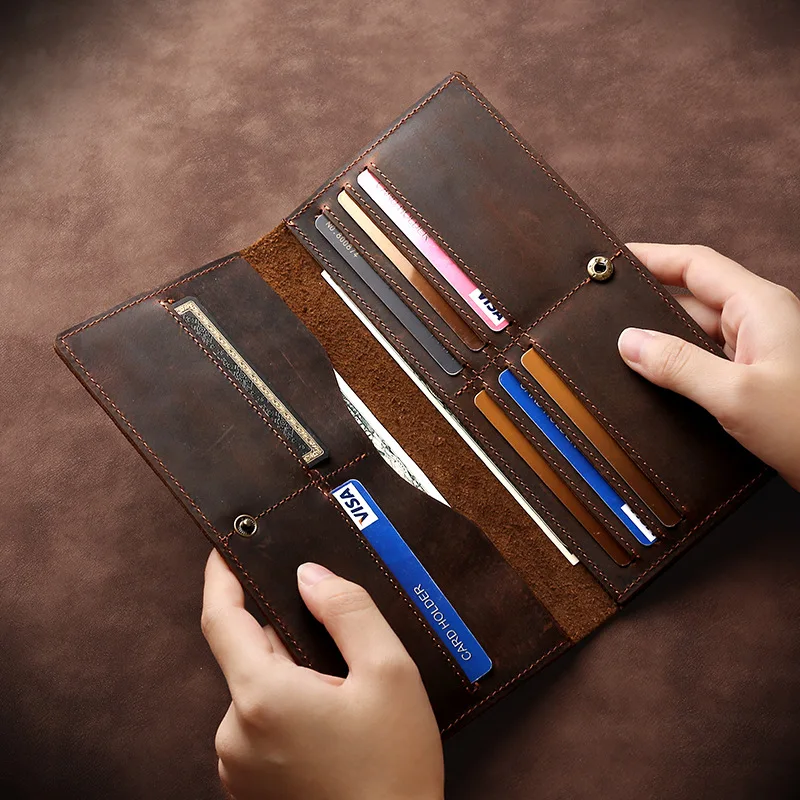 Genuine Leather Men's Long Wallet Retro Crazy Horse Skin Credit Card Holder Clutch Purse