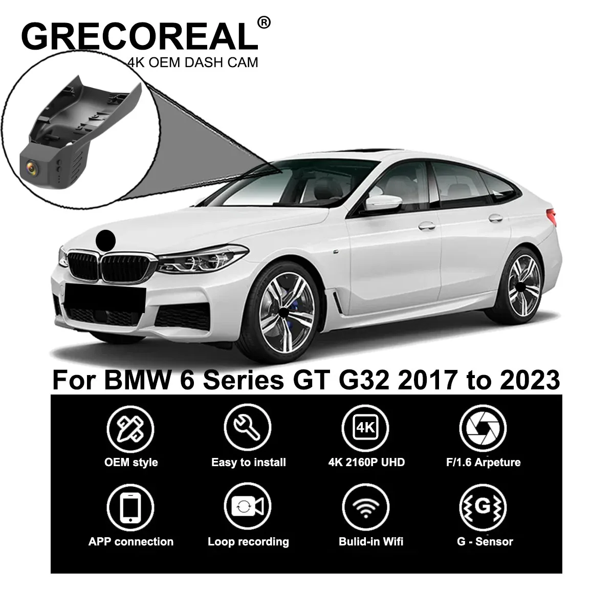 

GRECOREAL 4K Dash Cam Front and Rear 2160P WiFi Car Dual Dashcam APP Control Plug Play Compatible with BMW 6 Series GT G32