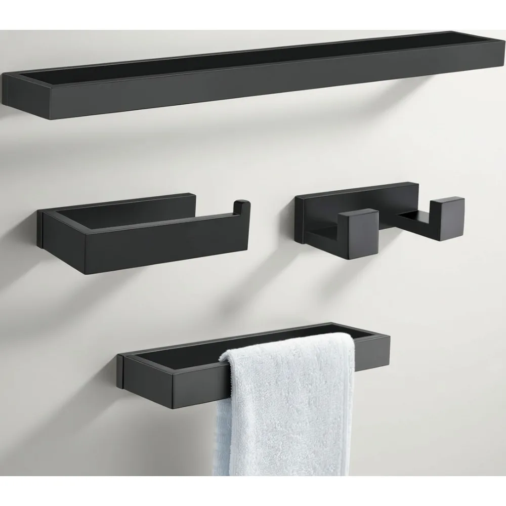 

Modern 4-Piece Black Towel Bar Set, SUS304 Stainless Steel Wall Mounted Bathroom Towel Rack Holder, 23.6 Inch