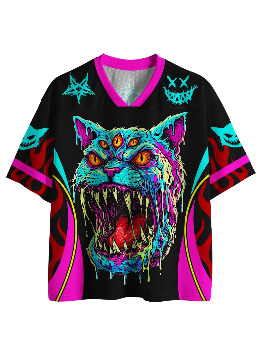 2026 Halloween Neon Multi-Eyed Demon Cat Flame Graphic V Neck Mesh Jersey 3D Print Unisex Kids Adult Party Top