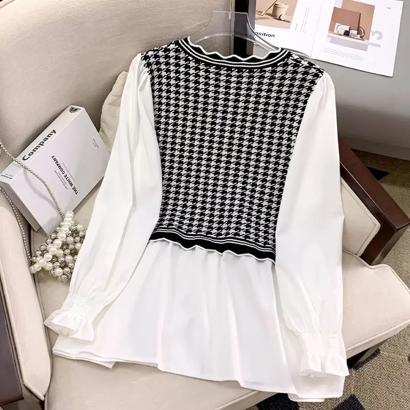 Women\'s Korean Fashion Houndstooth Print Patchwork Luxury Blouse Ruffle Elegant Chic V Neck Shirt Casual Long Sleeve Loose Tops