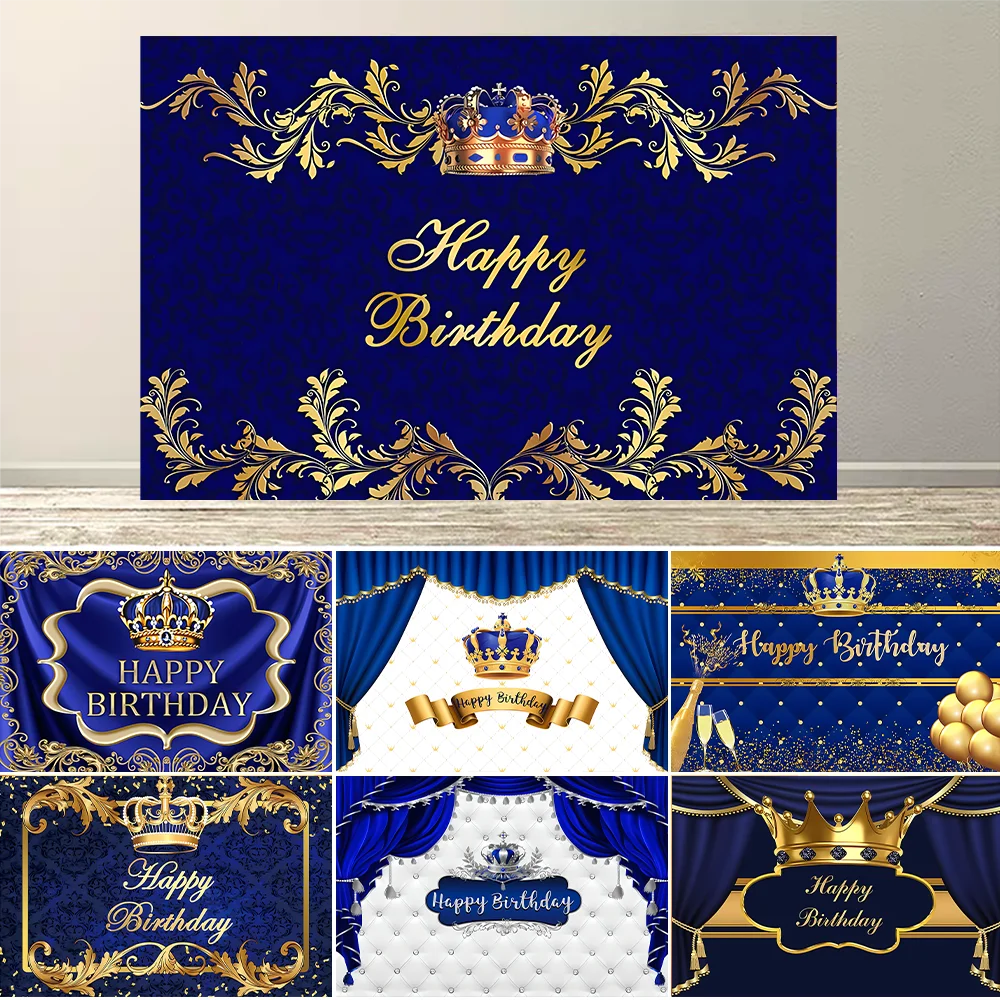 Königliche Prinz-Geburtstagsdekoration Hintergrund Blau Gold Krone Kinder Jungen Geburtstag Baby-Shower-Party Hintergrundbanner Requisiten Zubehör