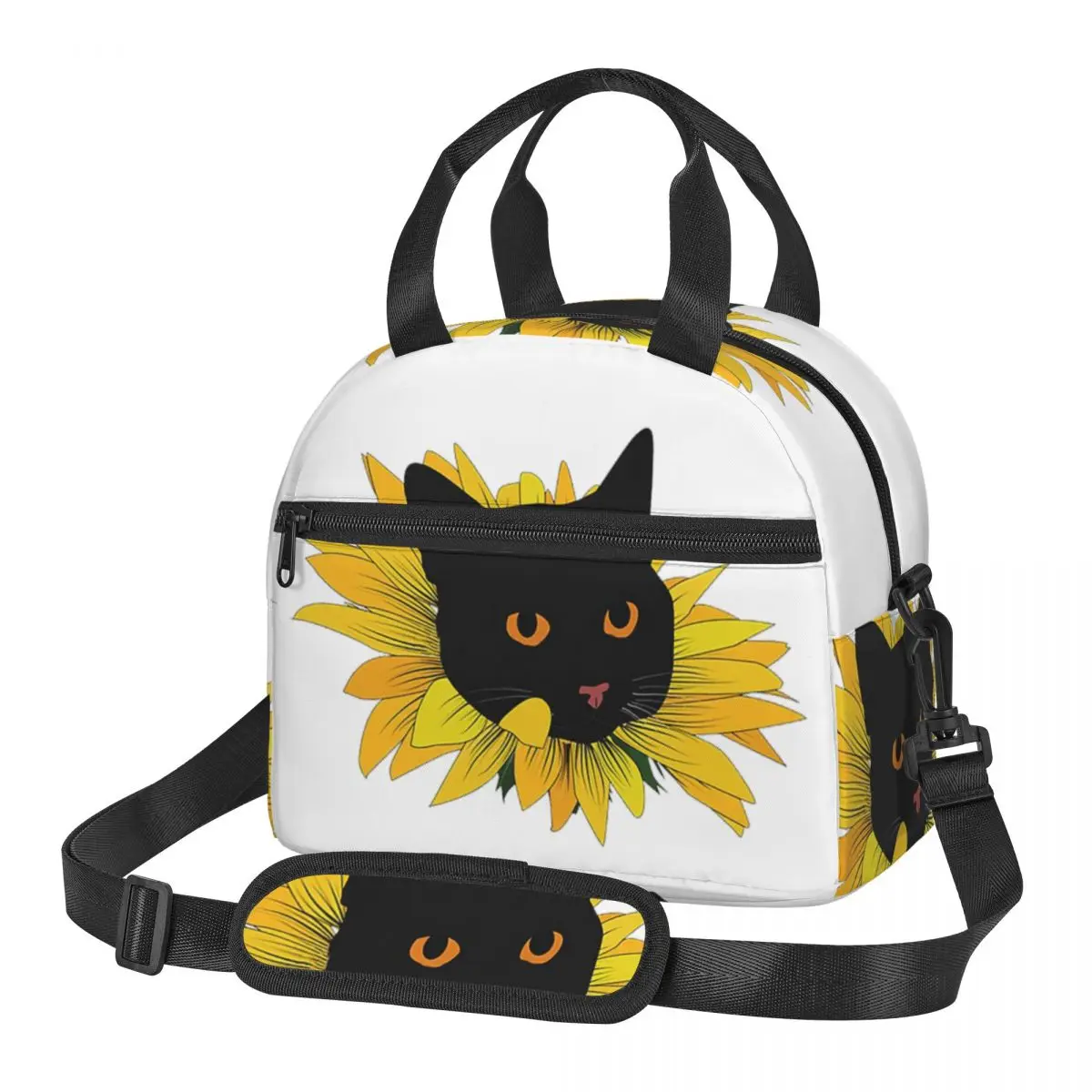 Black Cat Popping Out Of A Sunflower Lunch Bags Insulated Bento Box Waterproof Lunch Tote Picnic Bags Cooler Bag for Woman Kids