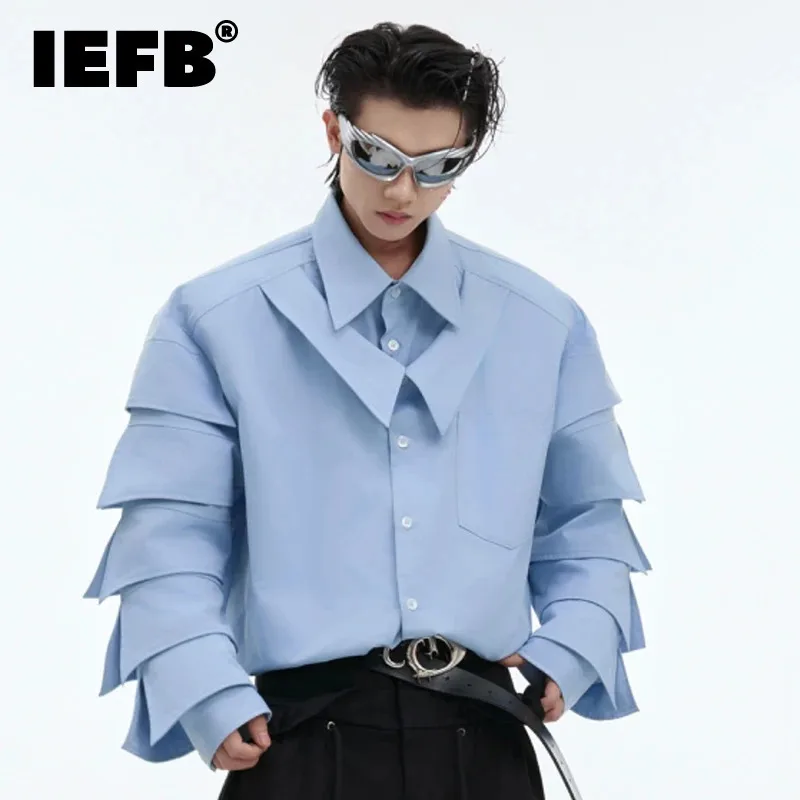 IEFB Niche Design Men\'s Shirts Shoulder Pads Fake Two-piece Three-dimensional Pleated Long Sleeve Turn-down Collar Tops 24E2112