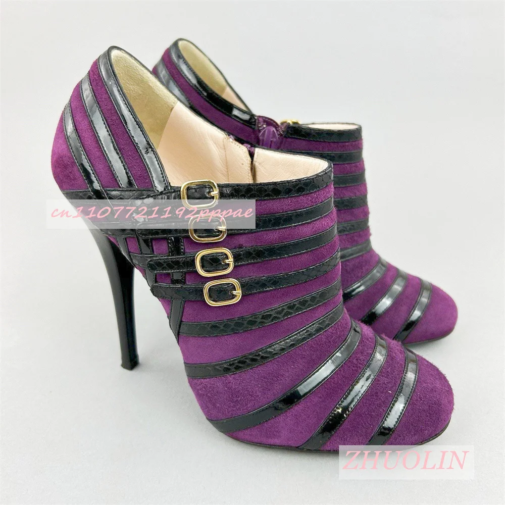 Nowe Wiosenne Fioletowe Zamszowe Botki Damskie Niskie Szpilki Casualowe Modne Buty na Imprezę z Paskiem na Klamrę Klapki Rozmiar 46