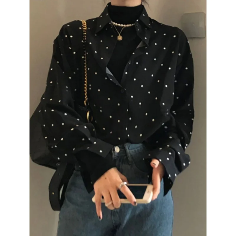 Korean Chic Autumn Retro Hepburn Style Lapel Contrast Color Polka Dot Design Loose Leisure All-Matching Long Sleeve Shirt for Wo