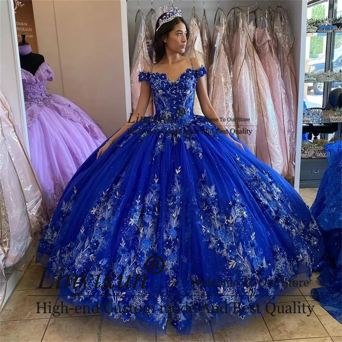 Luxury Glitter Royal Blue Ball Gown Quinceanera Dresses Appliques Princess Brithday Dance Party Vestido De 15 Años