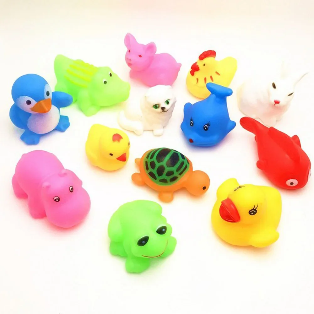 13Pcs Bath Toys Lovely Mixed Animals Swimming Shower Toy Colorful Childen Float Squeeze Sound Bathing Rubber Ducks Kids Toddler