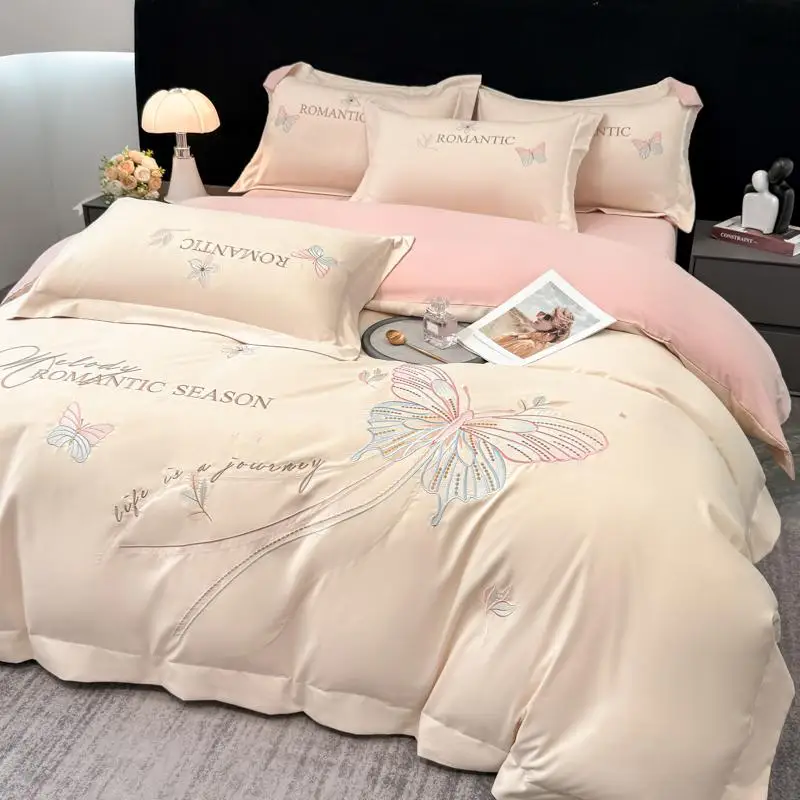 4Pcs Light Luxury Style Pure Cotton 100% Butterfly Embroidery Quilt Cover Bed Sheet Bedding Set Quilt Cover 200x230 220x240cm