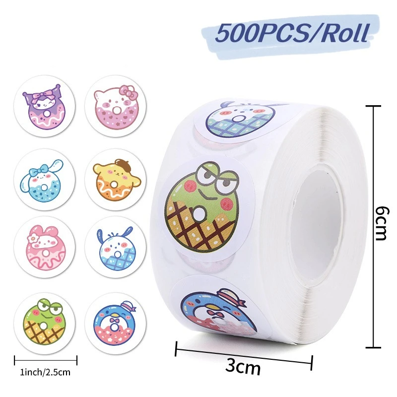 Autocollants ronds Sanrio Donut pour bagages, étui de téléphone, ordinateur portable, cadeau pour enfants, 500 pièces/rouleau