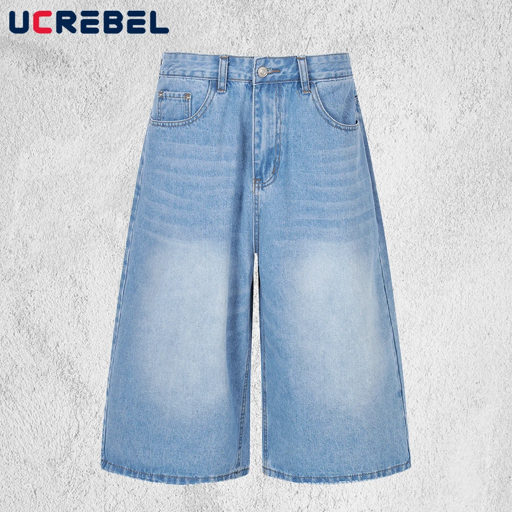 

Ripped Denim Capri Pants Mens Summer Retro High Street Washed Distressed Straight Baggy Wide Leg Shorts Jeans Man