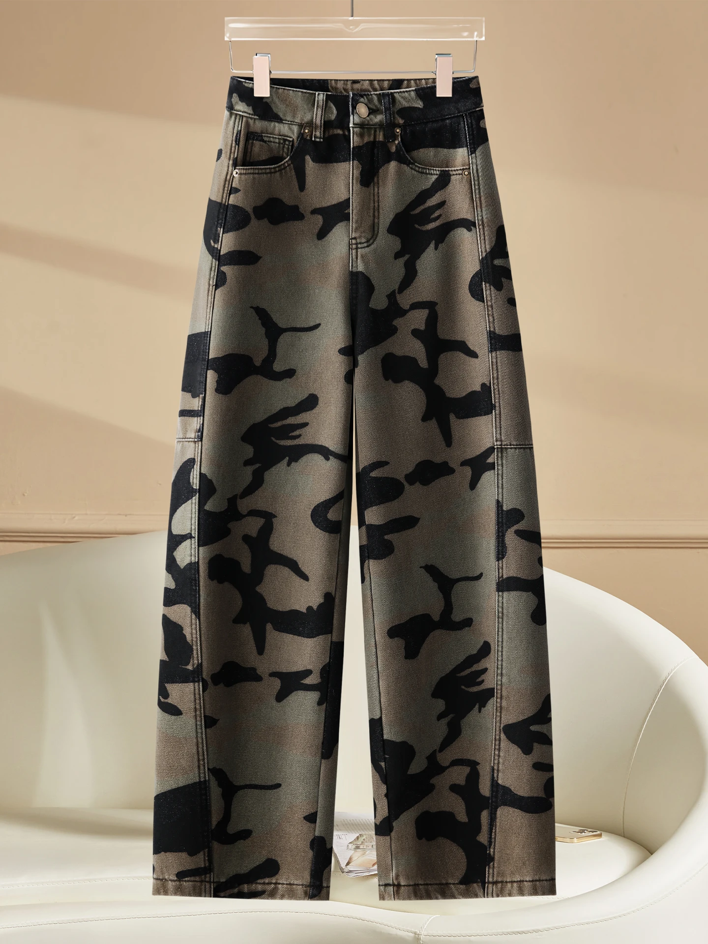 

Американские камуфляжные широкие брюки для женщин, осенне-зимние, с высокой талией, утепленные флисом, джинсы-кюлоты, повседневные