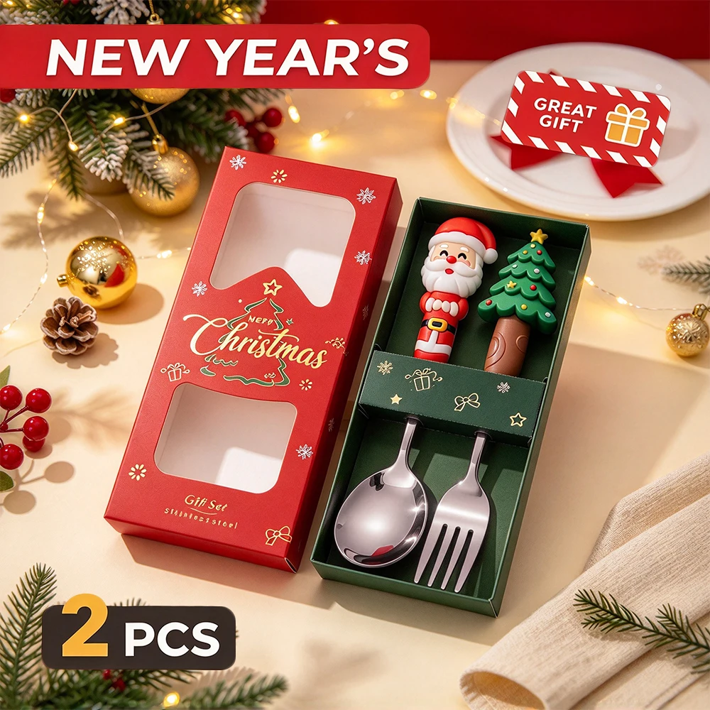 Christmas Gift Tableware Christmas Spoon Fork Set 2Pcs Silver Dessert Spoon Fruit Fork Santa Elk Doll Spoon New Year Gift