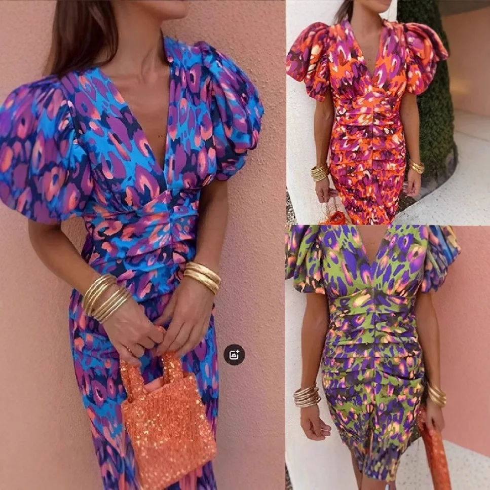 Elegant Women's Dresses Summer Print V-neck Tight Short Sleeved Dress Women Vestidos De Fiestas Elegantes Mujer Robe Femmes