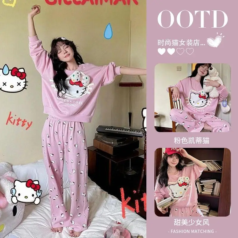 Cute Cartoon Hello Kitty Print Pajamas Women Spring Autumn Long Sleeve Pants Home Clothes Comfortable Loungewear Nightwear Set