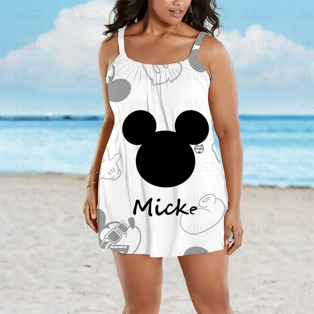 Vestidos bohemios de talla grande para mujer, trajes sexys sin mangas con estampado de Mickey de Disney, holgados, 2022