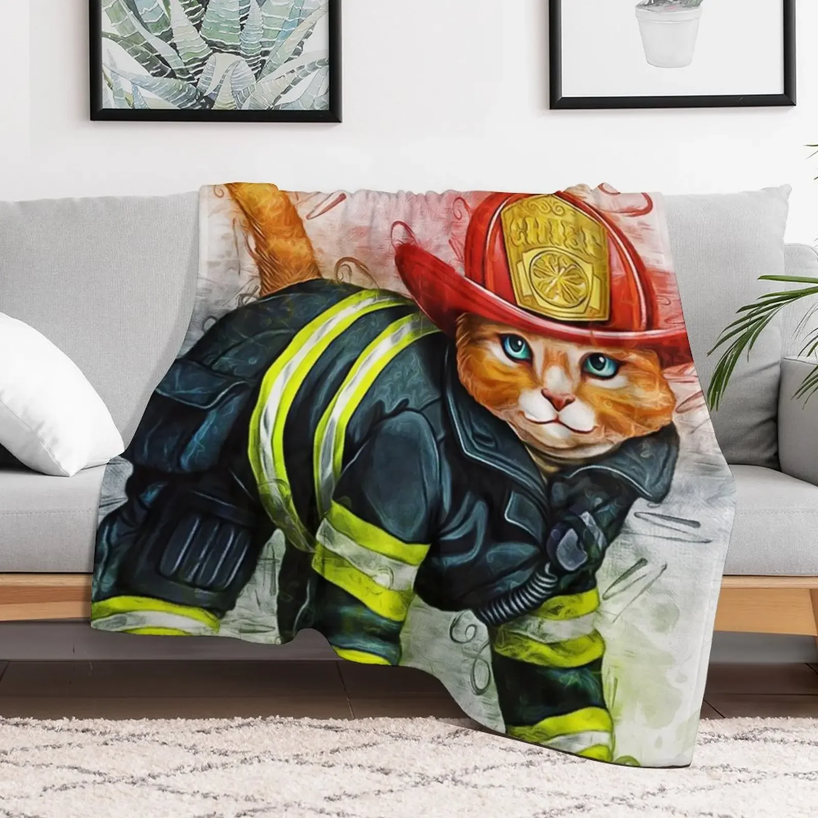 Fireman Cat Art Throw Blanket Soft Hair Summer Beddings Blankets