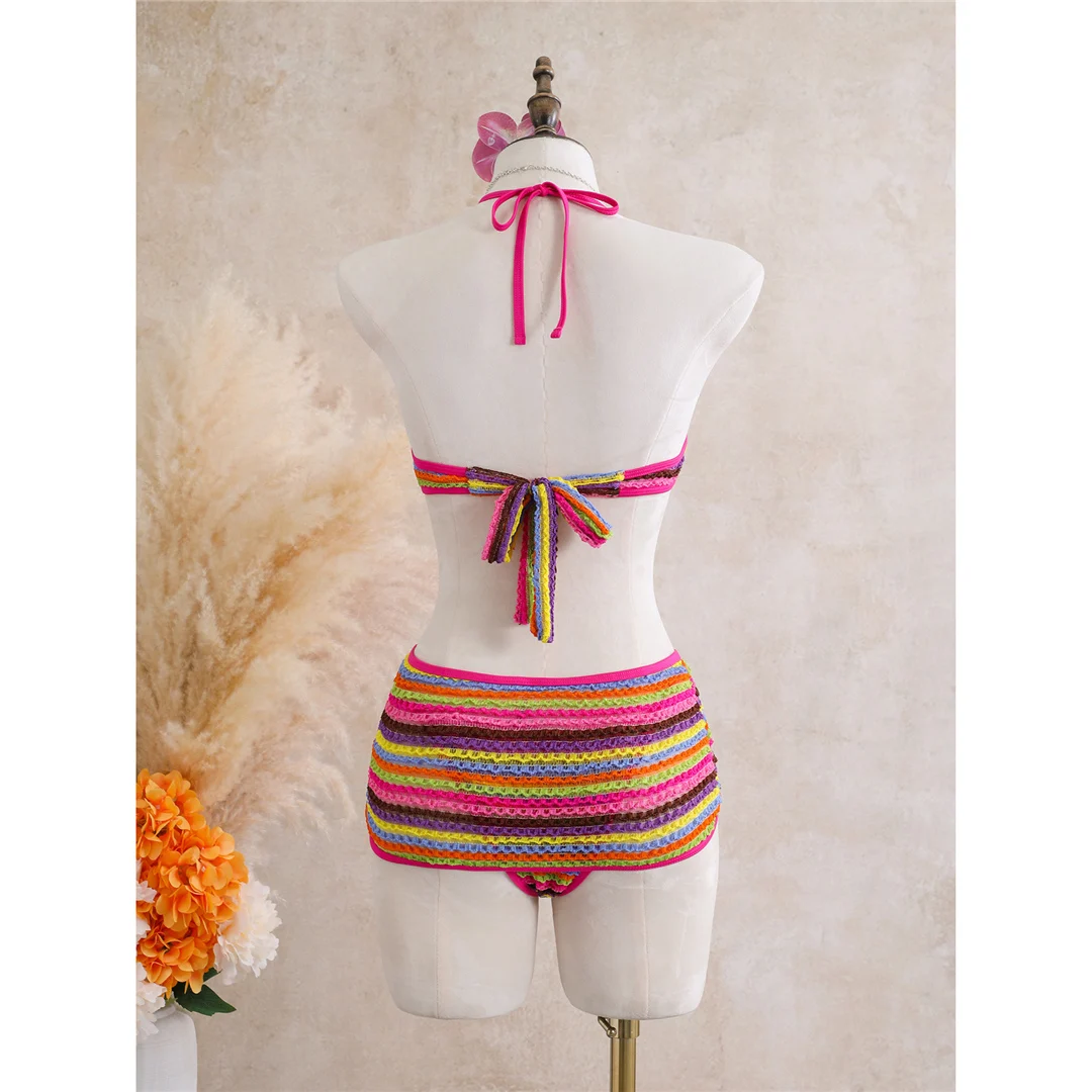 Mit Rock, gestreiftem Halterneck, V-Ausschnitt, Damen-Badeanzug, einteiliger Badeanzug, Damen-Monokini, hoher Beinausschnitt, Badebekleidung, Badeanzug, V8345. – Detail 14