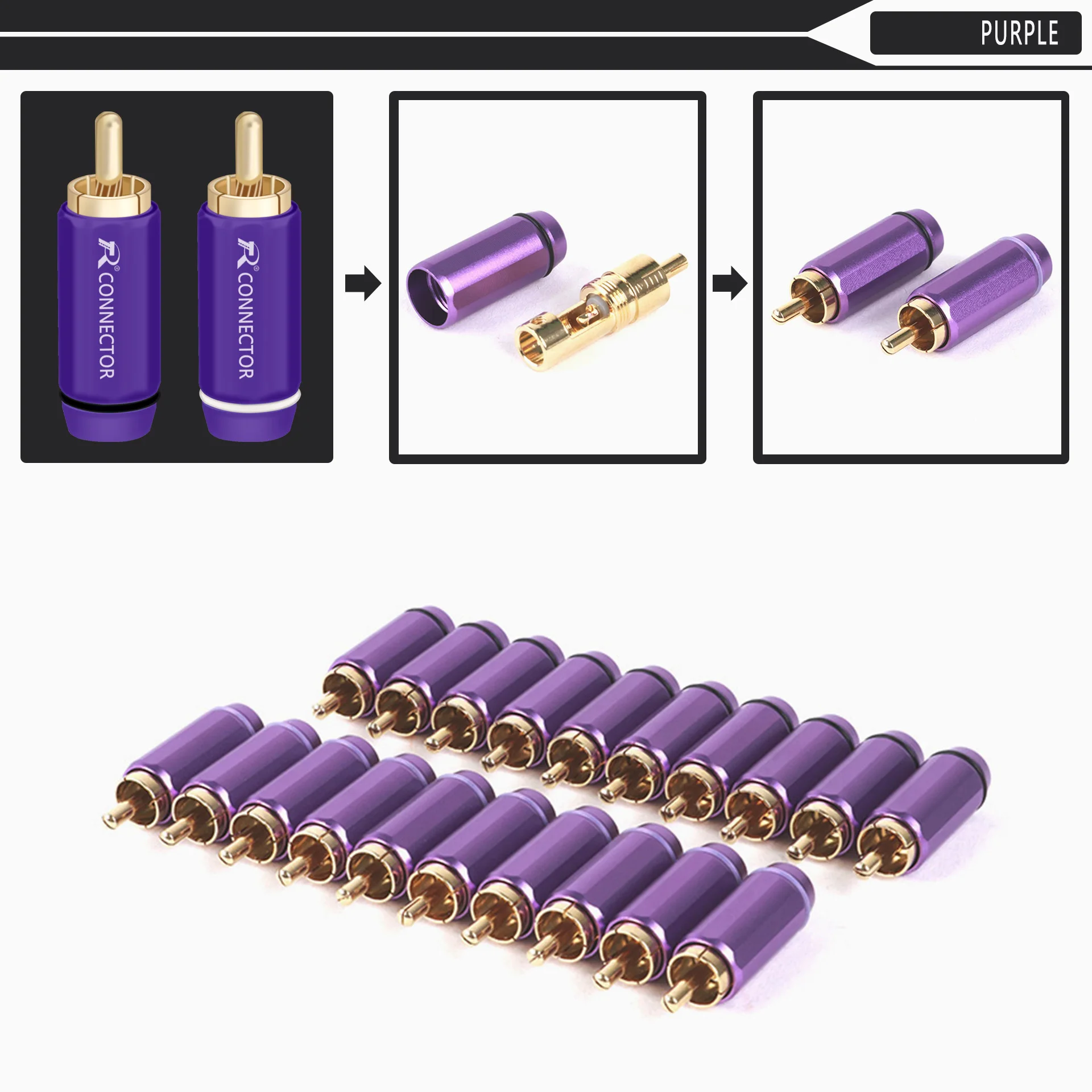 1Pair Gold Plated Plug RCA Male Connector, Support Cable Up to 6mm,RCA HIFI Terminal Phono Connector