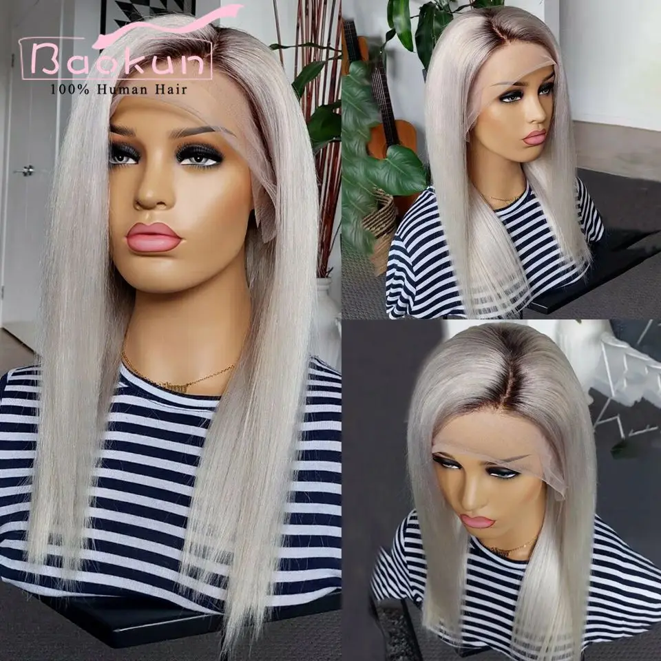 

13x4 Silver Grey Bob Straight Lace Front Wigs For Women 13x6 HD Lace Frontal Wig Ombre 360 Full Lace Wig Human Hair Pre Plucked