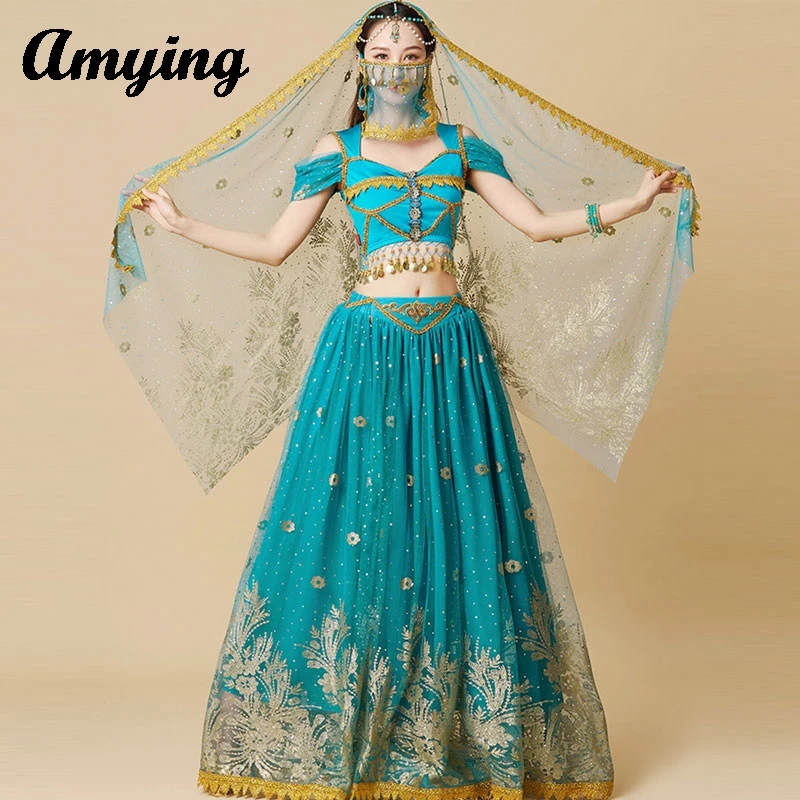 Oriental Princess Costume Indian Belly Dance Dress Women Short Sleeved Top+Long Skirt Set Ladies Performance Suit Holiday Best