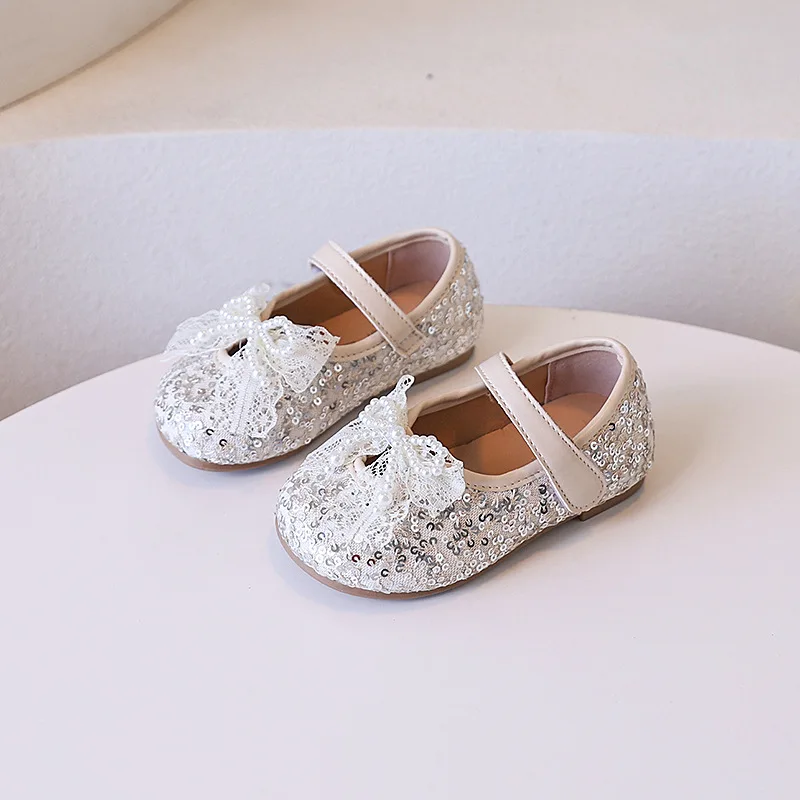 Girls Leather Shoes Sweet Sequins Princess Children's Flats Bowknot Wedding Party Kids Fashion Causal Ballet Shoes Spring Autumn