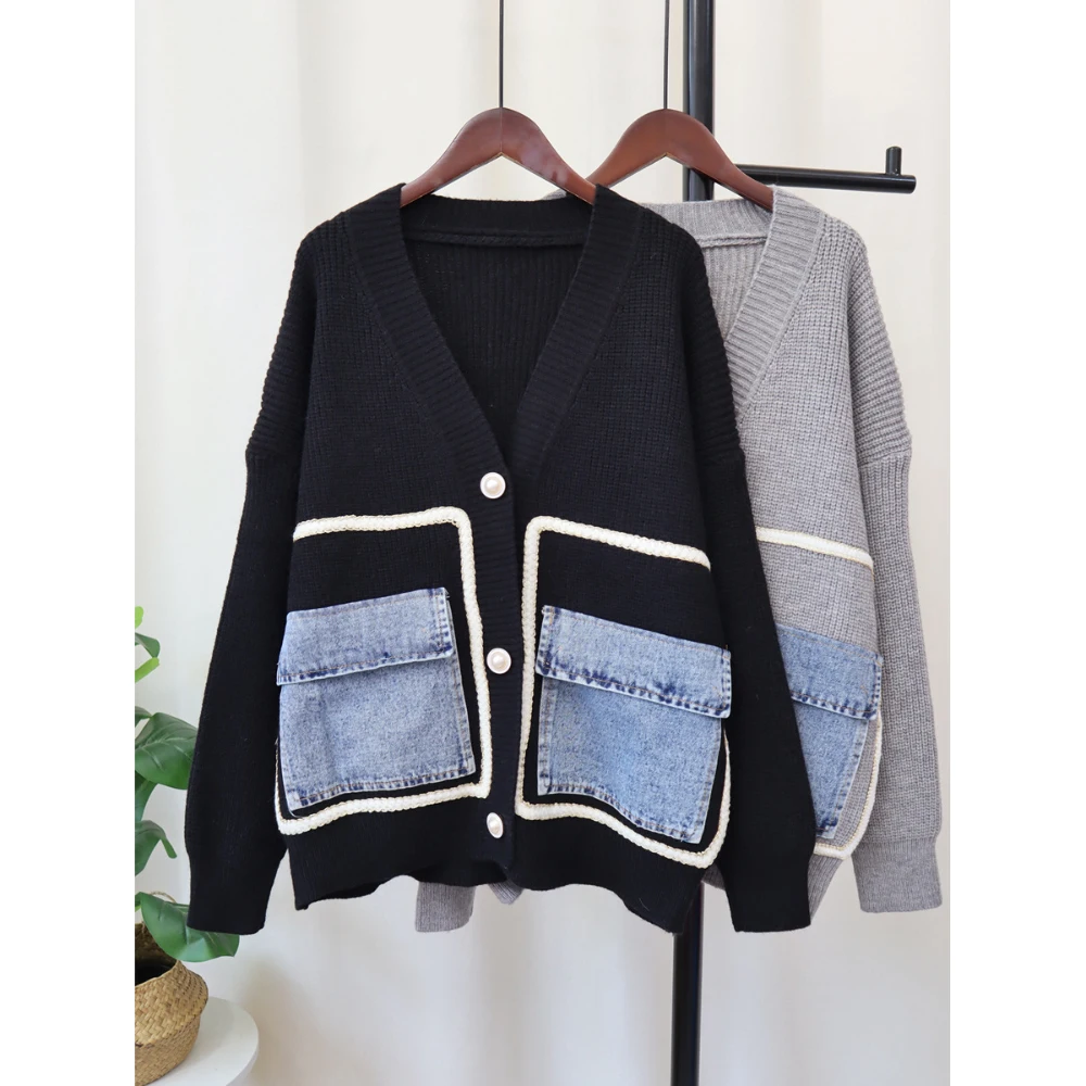 2024 Autumn Winter Sweater Cardigans Casual All-Matched Loose Denim Patchwork Pockets Single Breasted V-Neck Knitted Outerwears