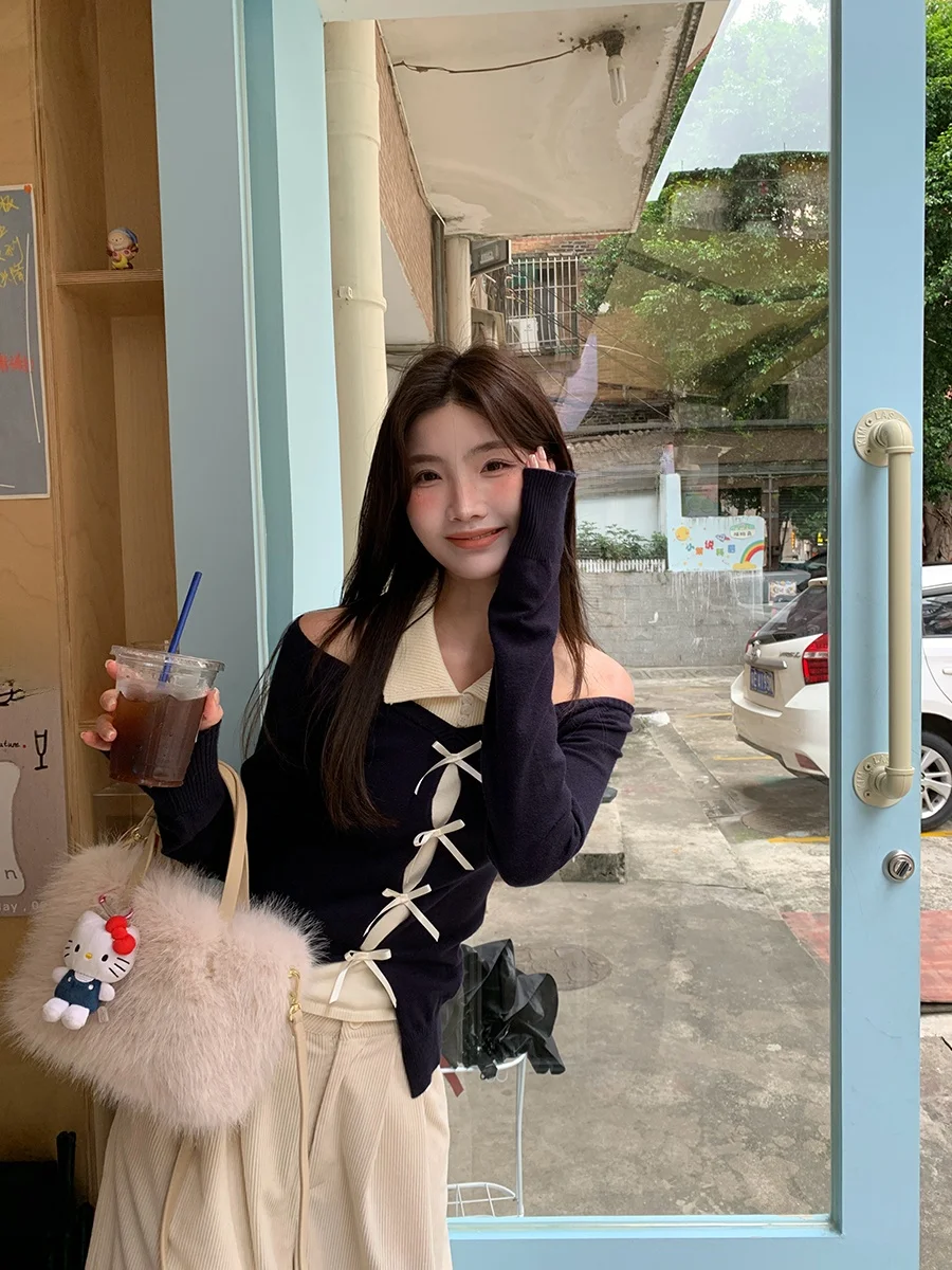 

oulder Bared Knitted Sweater Chic Korean Sle Women's Faion Autumn 2025 New Arrival G Sle Commute Simple Casual Long...