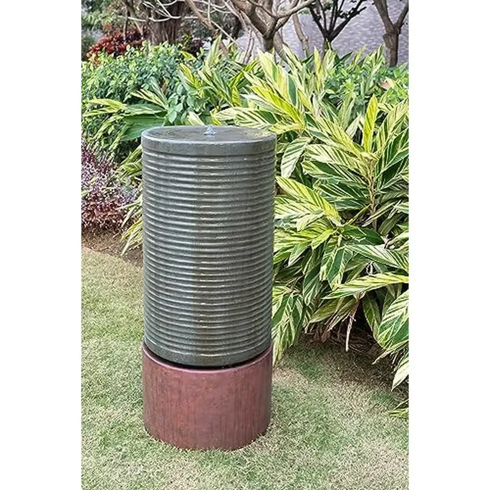 Large Modern Ribbed Tower Water Fountain Contemporary Antique Finish Outdoor Bird Bath Durable Cement Construction Serene Water