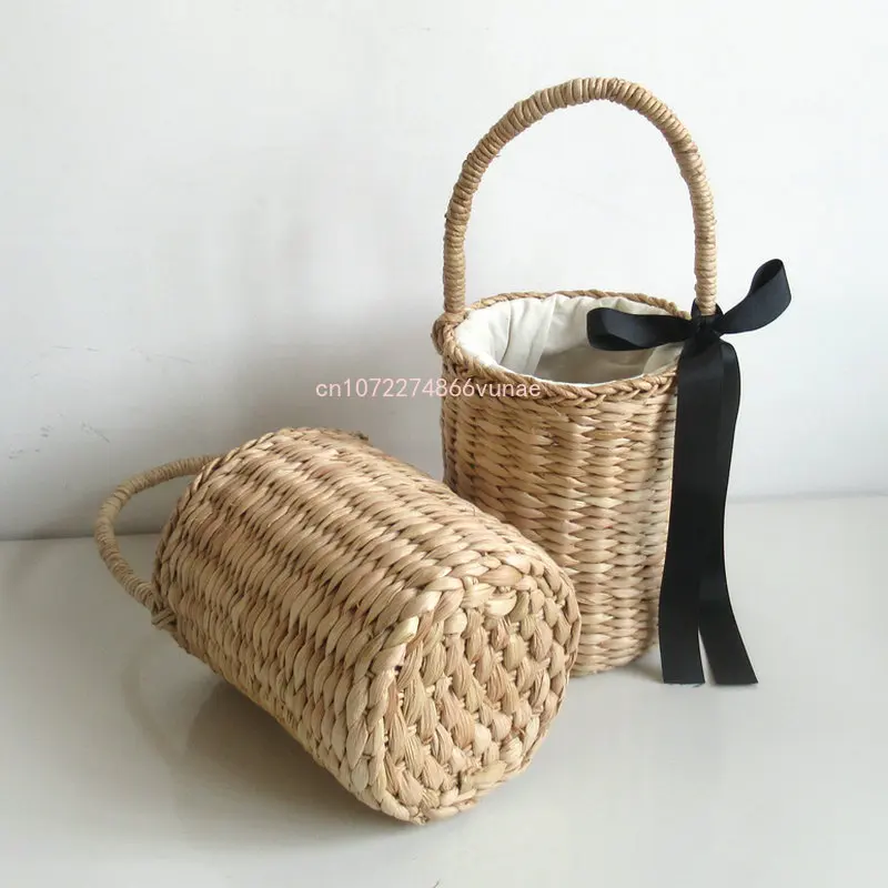 Japanese and Korean Style Straw Bucket Tote Hand Bag for Women Rattan Woven Purses and Handbags Ladies Beach Hand Bags