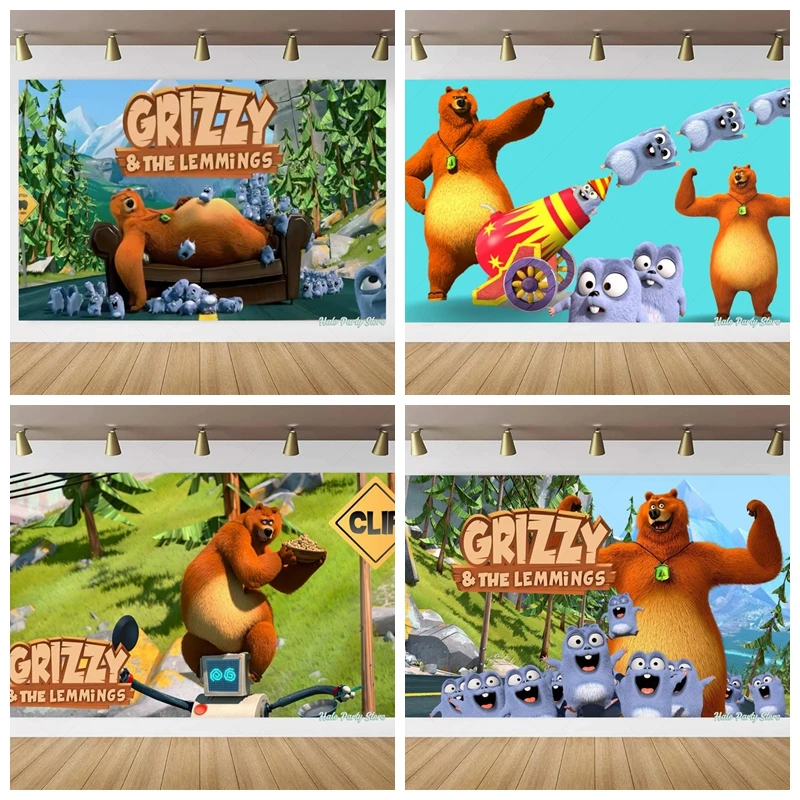 

Grizzy and The Lemmings Birthday Party Backdrop Custom Photo Booth Background Banner Cake Topper Kids Baby Shower Decoration