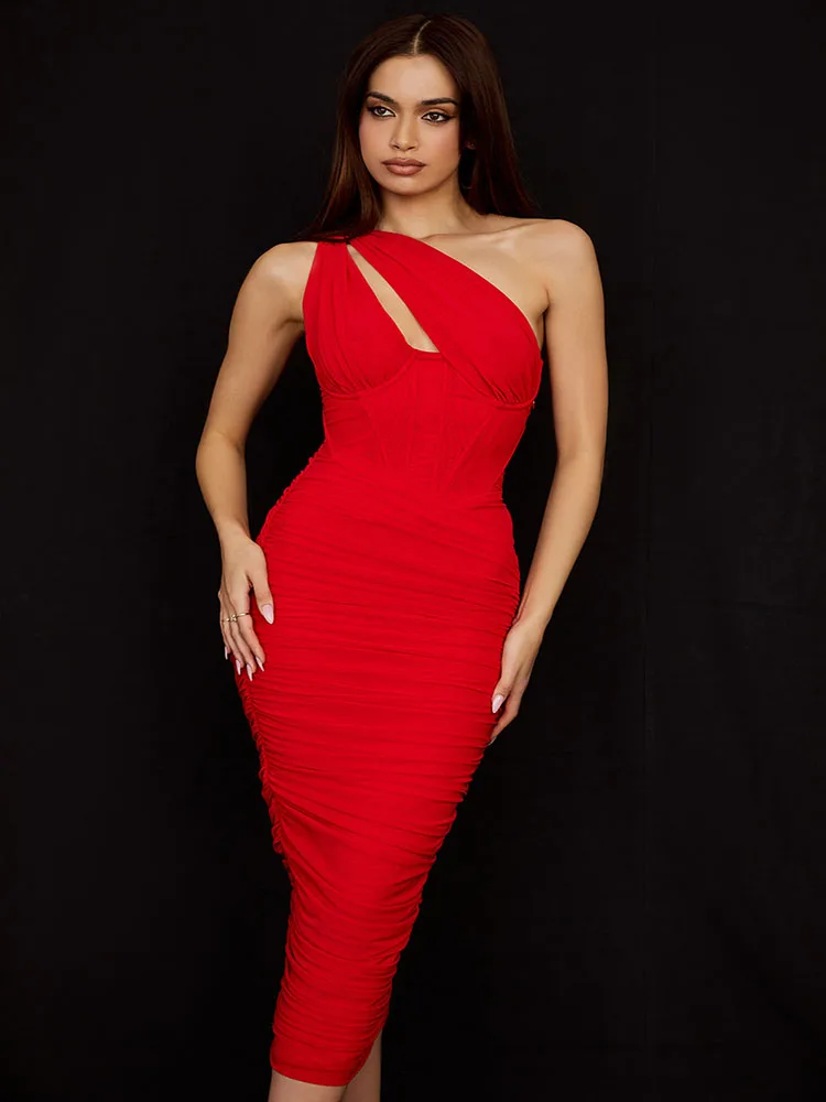 Nightclub Sexy Red Dress One Shoulder Sleeveless Mesh Fishbone Tight Backless Dress Summer Wrinkle Banquet Solid Color Dress