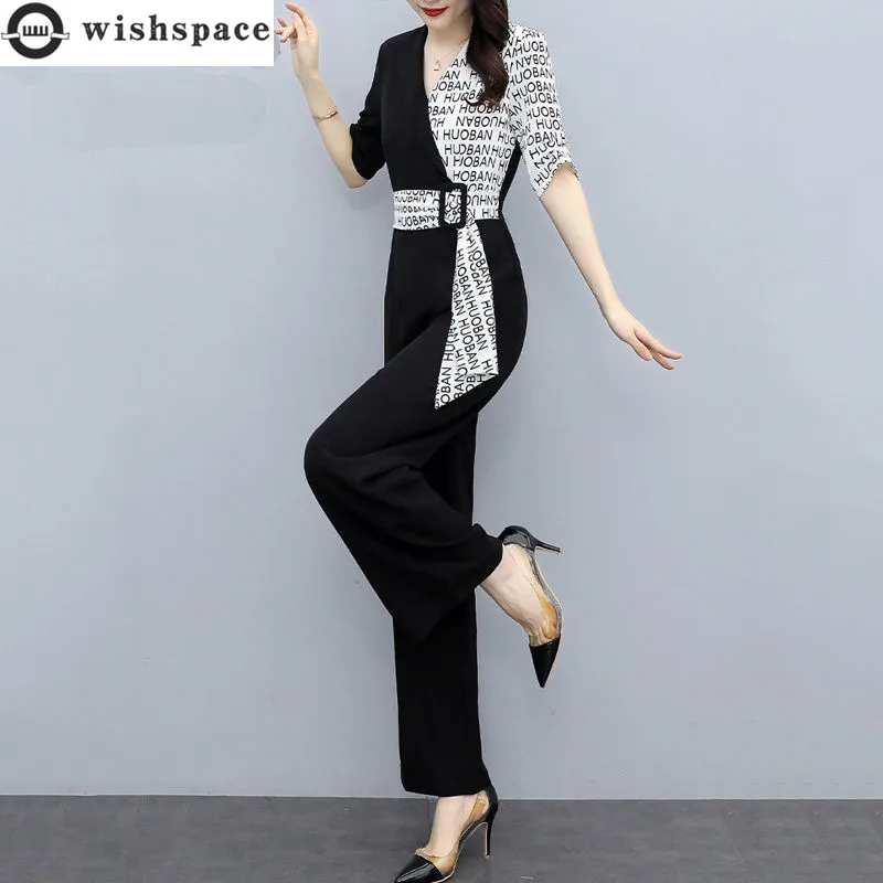 

2022 Summer New Fashion Letter Printed Belt Decorative Splicing Jumpsuit Casual High Waist Wide Leg Pants Set Office Overalls