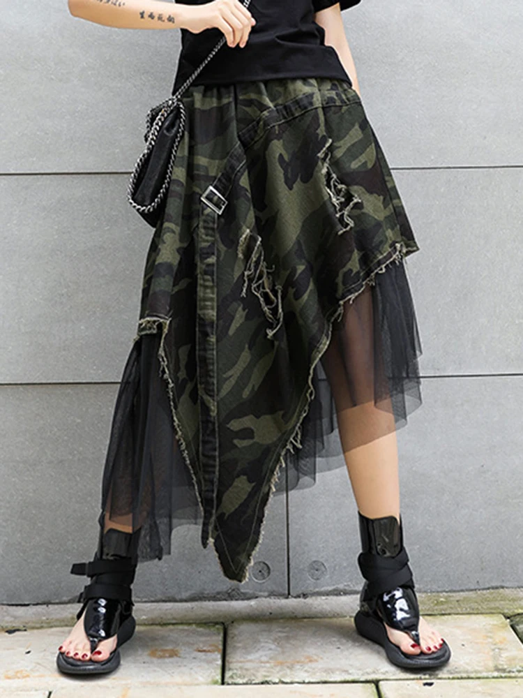 [EAM] High Elastic Waist Camouflage Irregular Mesh A-line Half-body Skirt Women Fashion Tide New Spring Autumn 2024 1DH6094