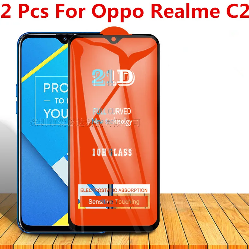 2 Buah Kaca Tempered Melengkung untuk OPPO Realme C2 Penutup Penuh 11H Film Pelindung Pelindung Layar untuk Oppo Realme C2