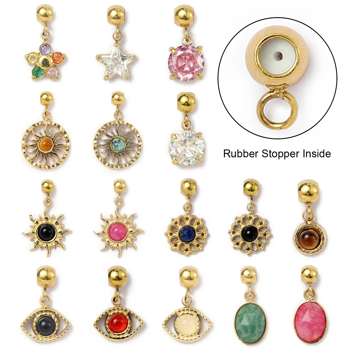 3Pcs/Lot Sun Evil Eye Natural Stone Stainless Steel Diy Clip On Charms Star Flower Women Bracelet Necklace Lobster Pendant