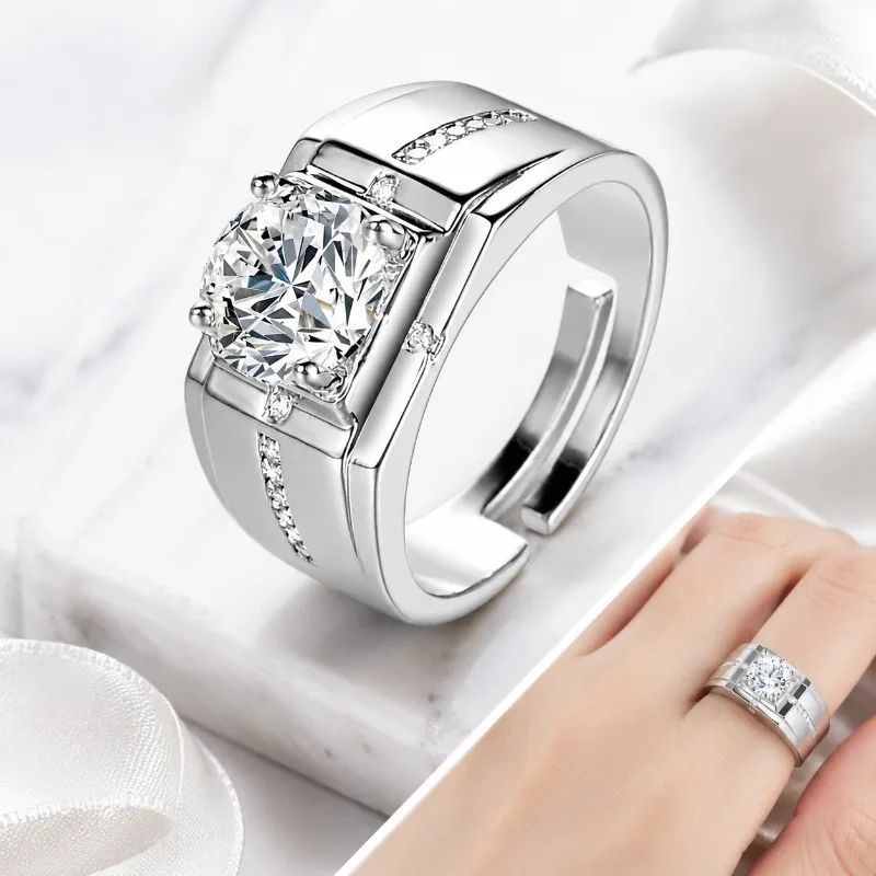 925 Silver Shining Diamond Men's Ring High-end Shining Hip-hop Fashion Open Ring Jewelry Pair Ring Wedding Gift